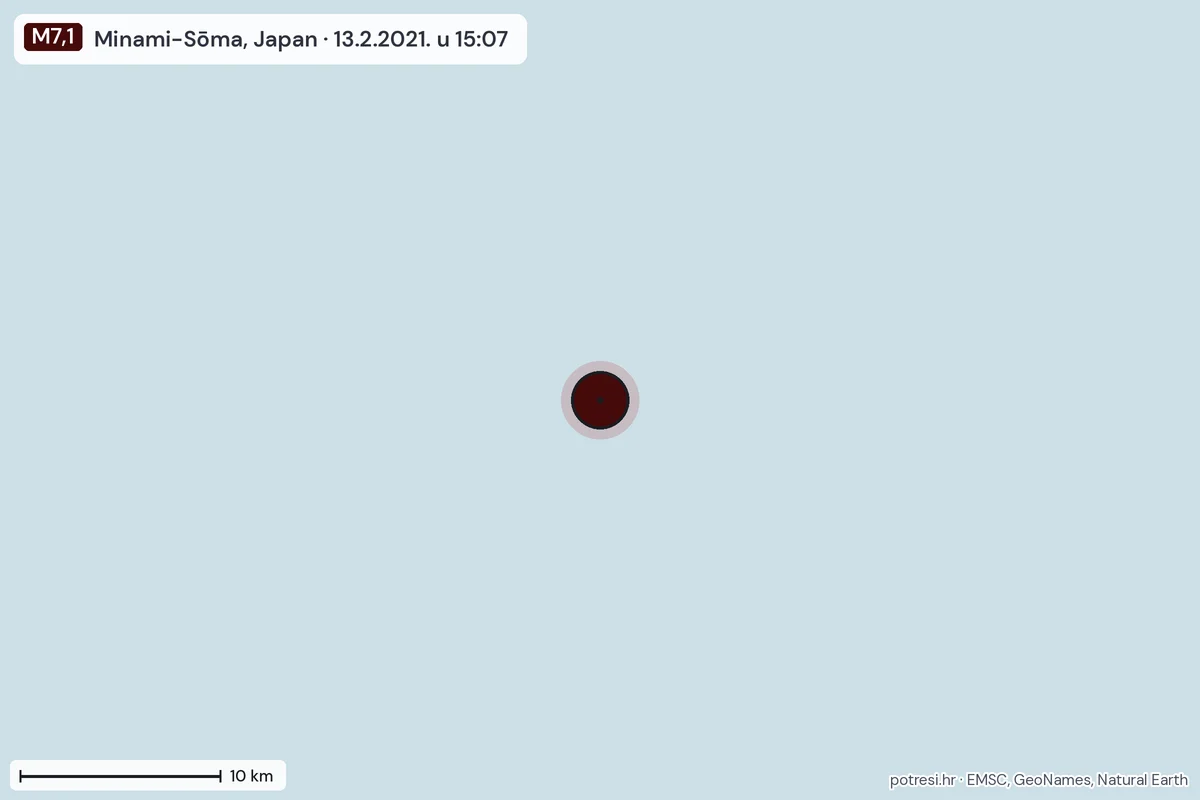 Karta: okolica epicentra, 60 km, potres M7,1, Minami-Sōma, Japan, 13.2.2021.