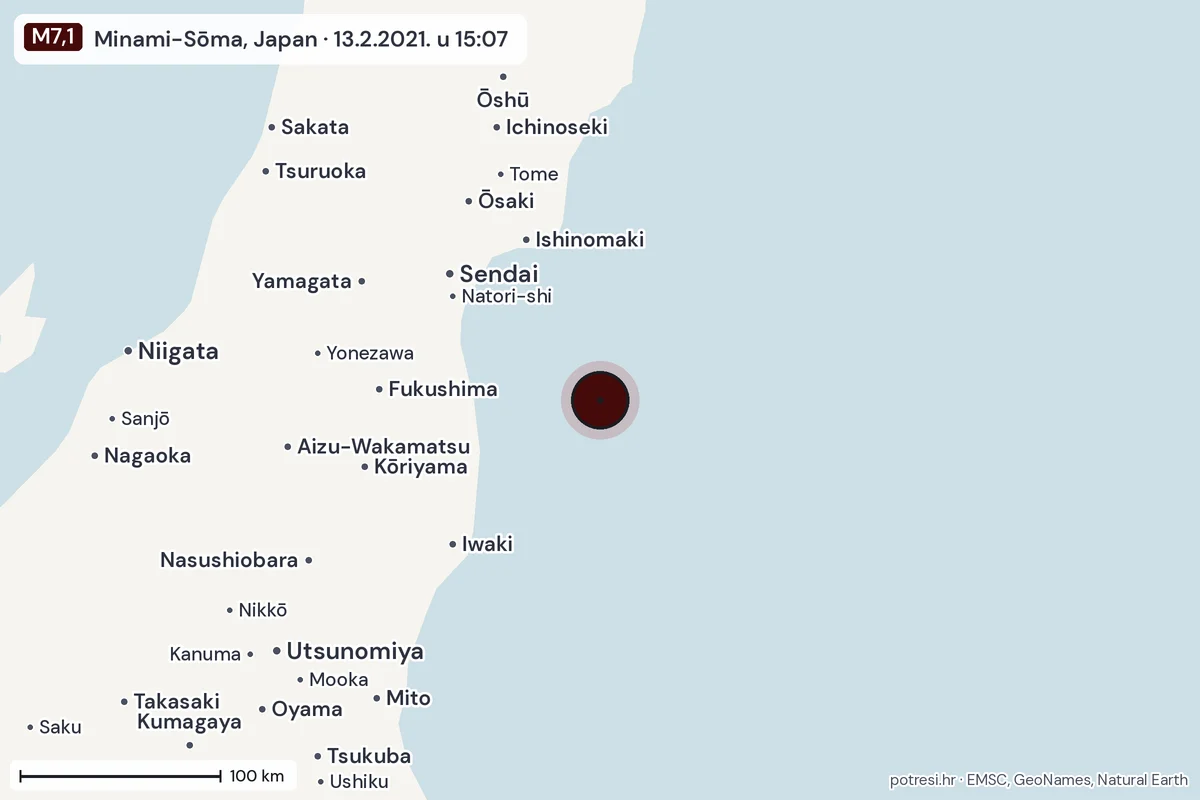 Karta: šire područje, 600 km, potres M7,1, Minami-Sōma, Japan, 13.2.2021.