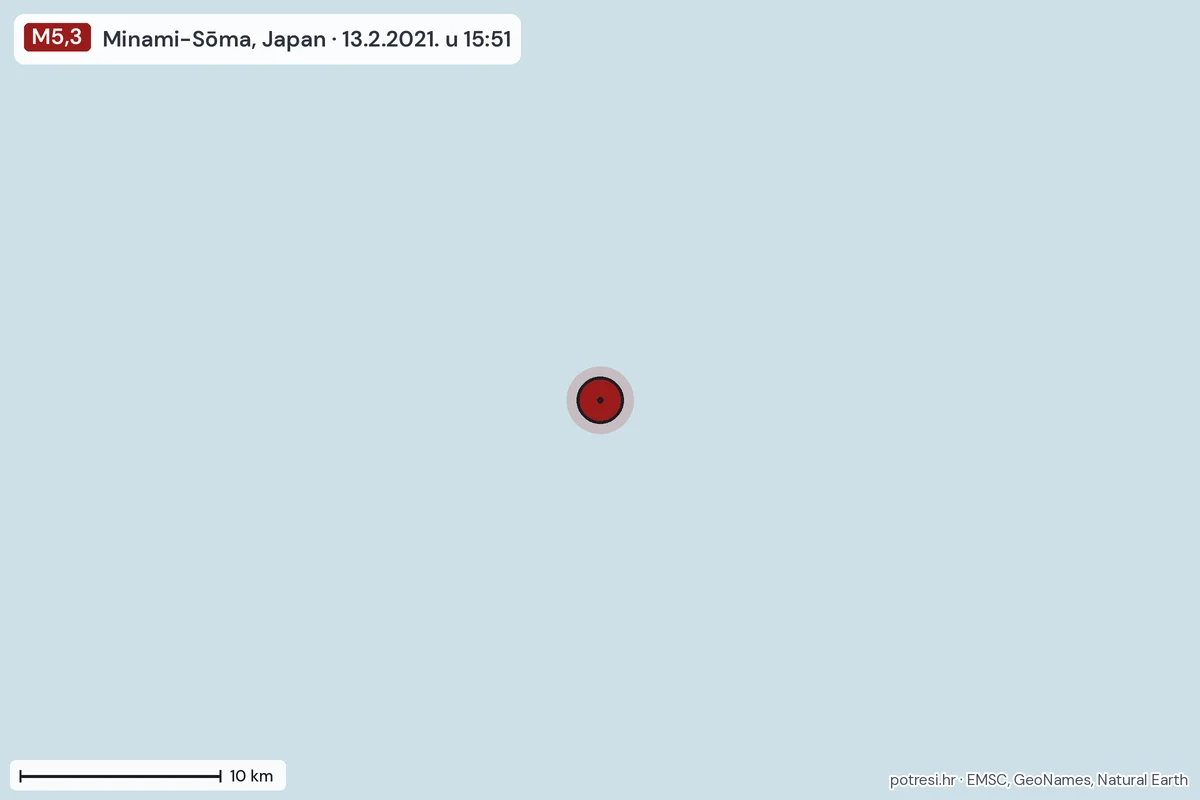 Karta: okolica epicentra, 60 km, potres M5,3, Minami-Sōma, Japan, 13.2.2021.
