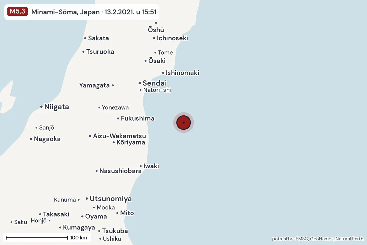 Karta: šire područje, 600 km, potres M5,3, Minami-Sōma, Japan, 13.2.2021.