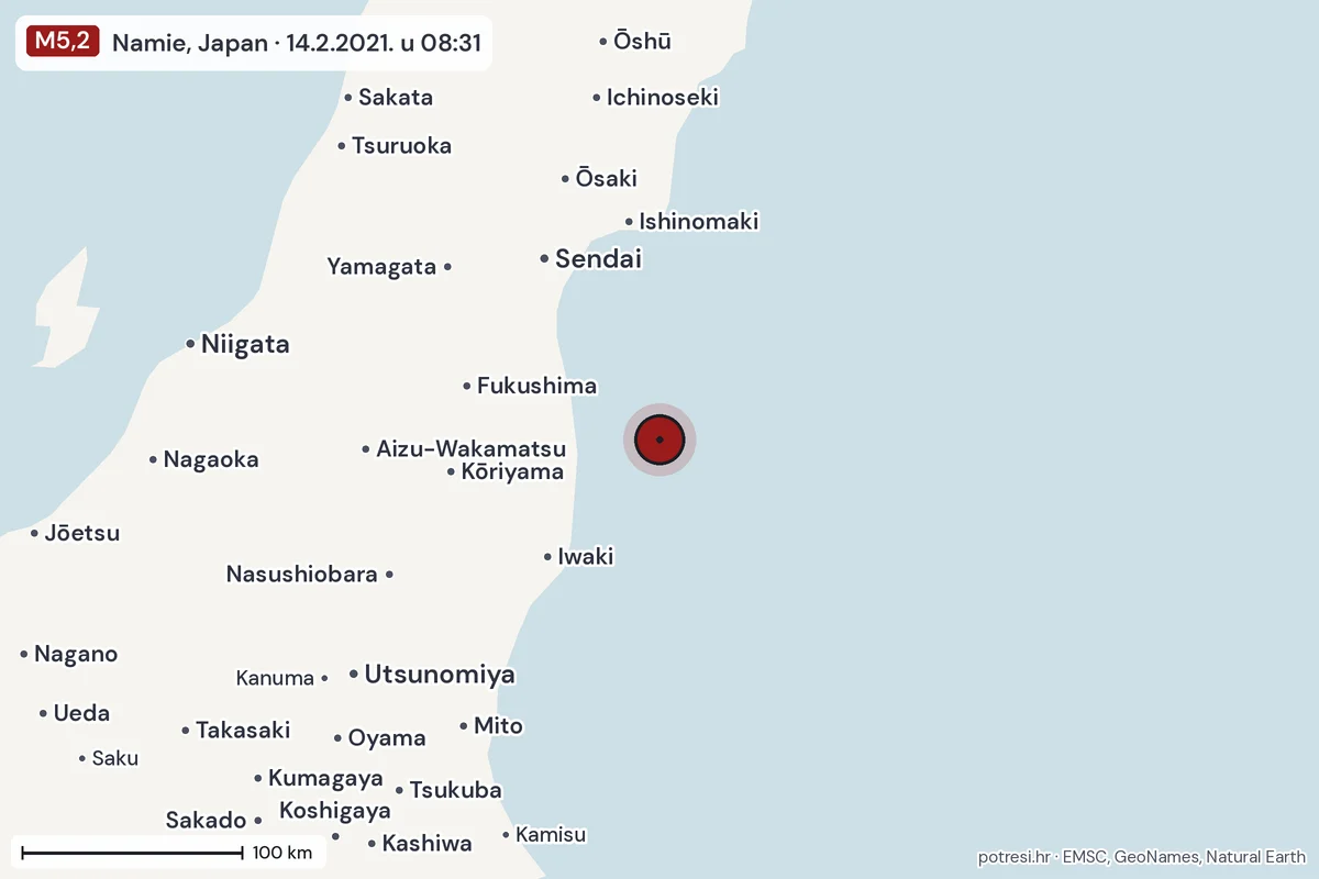Karta: šire područje, 600 km, potres M5,2, Namie, Japan, 14.2.2021.