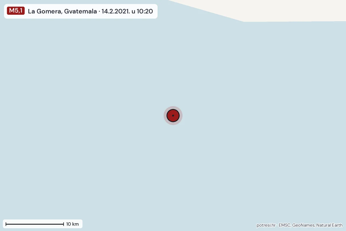 Karta: okolica epicentra, 60 km, potres M5,1, La Gomera, Gvatemala, 14.2.2021.