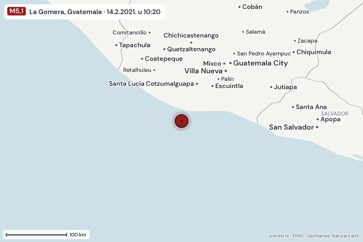 Karta: šire područje, 600 km, potres M5,1, La Gomera, Gvatemala, 14.2.2021.