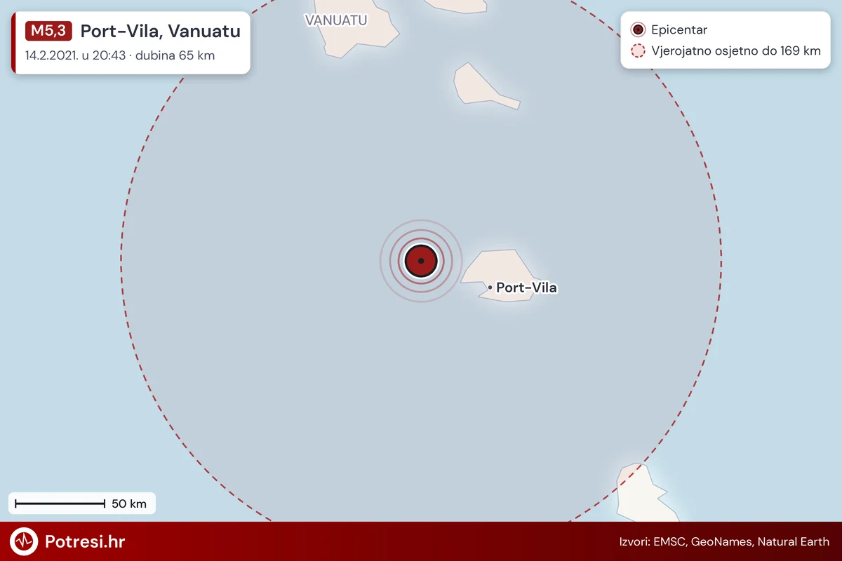 Karta: šire područje i vjerojatni doseg osjeta, potres M5,3, Port-Vila, Vanuatu, 14.2.2021.