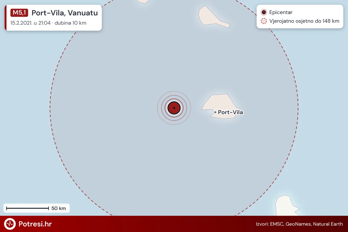 Karta: šire područje i vjerojatni doseg osjeta, potres M5,1, Port-Vila, Vanuatu, 15.2.2021.