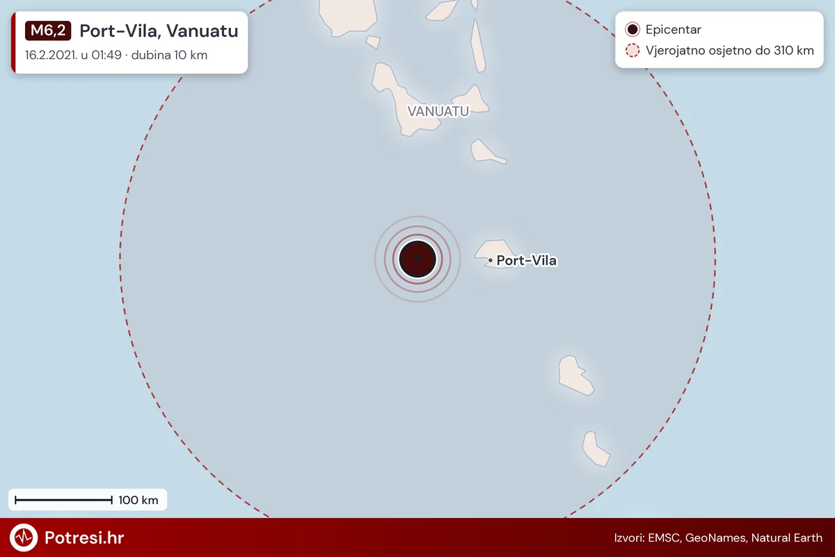 Karta: šire područje i vjerojatni doseg osjeta, potres M6,2, Port-Vila, Vanuatu, 16.2.2021.