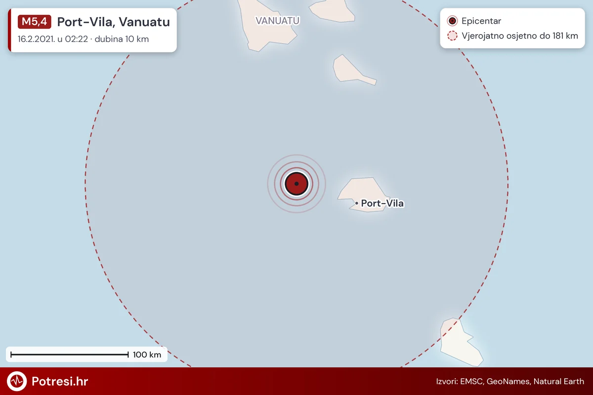 Karta: šire područje i vjerojatni doseg osjeta, potres M5,4, Port-Vila, Vanuatu, 16.2.2021.