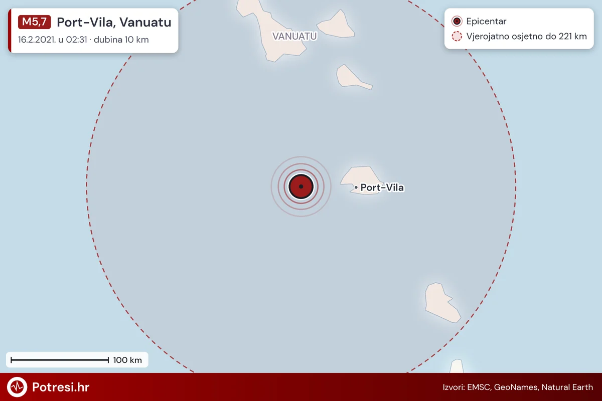 Karta: šire područje i vjerojatni doseg osjeta, potres M5,7, Port-Vila, Vanuatu, 16.2.2021.
