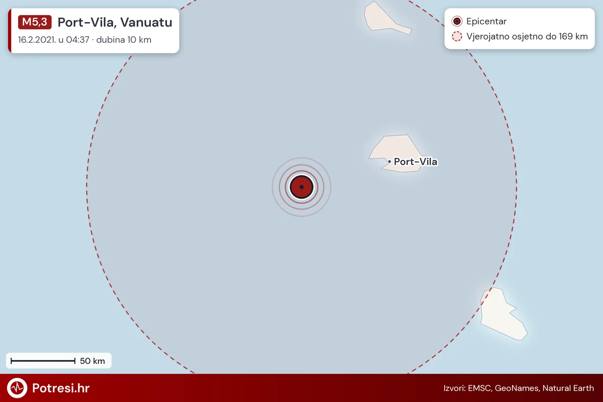 Karta: šire područje i vjerojatni doseg osjeta, potres M5,3, Port-Vila, Vanuatu, 16.2.2021.
