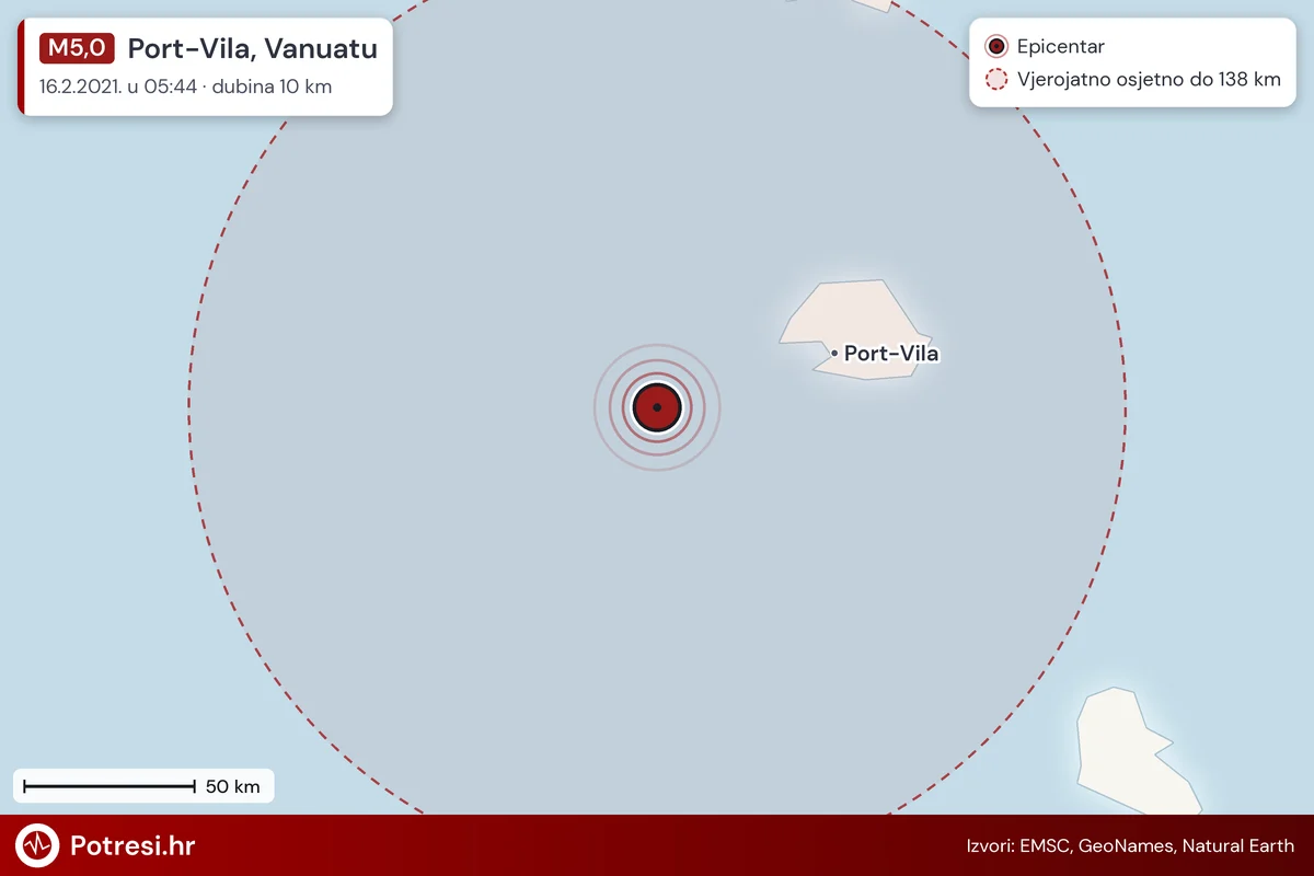 Karta: šire područje i vjerojatni doseg osjeta, potres M5,0, Port-Vila, Vanuatu, 16.2.2021.