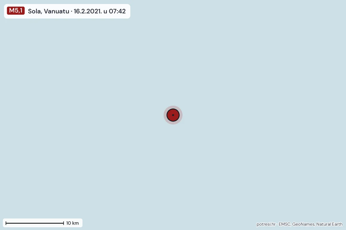 Karta: okolica epicentra, 60 km, potres M5,1, Sola, Vanuatu, 16.2.2021.