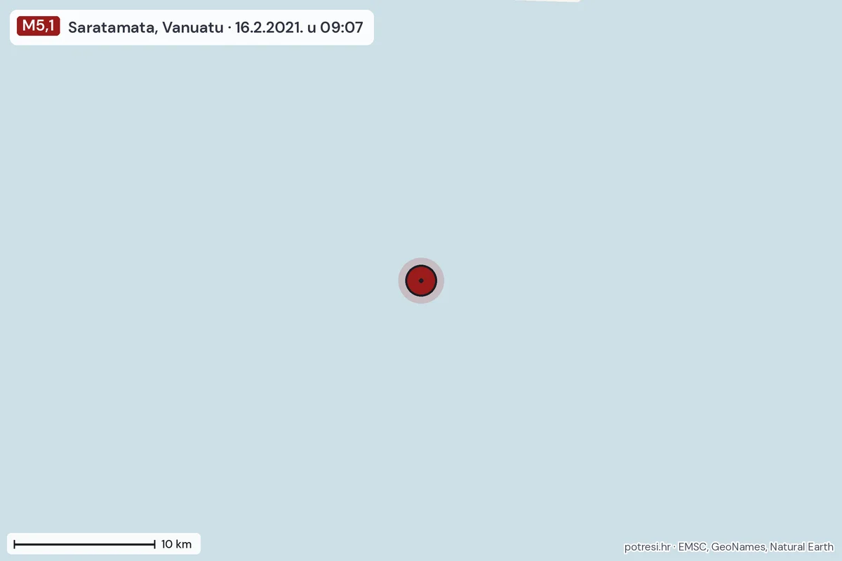Karta: okolica epicentra, 60 km, potres M5,1, Saratamata, Vanuatu, 16.2.2021.