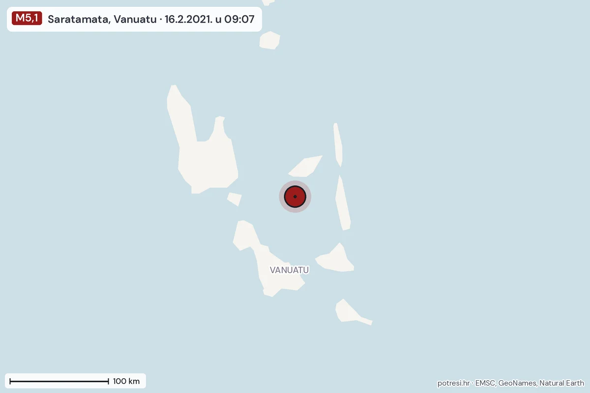 Karta: šire područje, 600 km, potres M5,1, Saratamata, Vanuatu, 16.2.2021.
