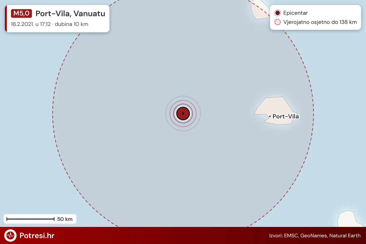 Karta: šire područje i vjerojatni doseg osjeta, potres M5,0, Port-Vila, Vanuatu, 16.2.2021.