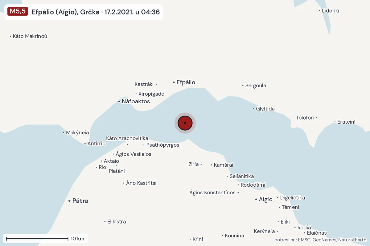 Karta: okolica epicentra, 60 km, potres M5,5, Efpálio (Aígio), Grčka, 17.2.2021.