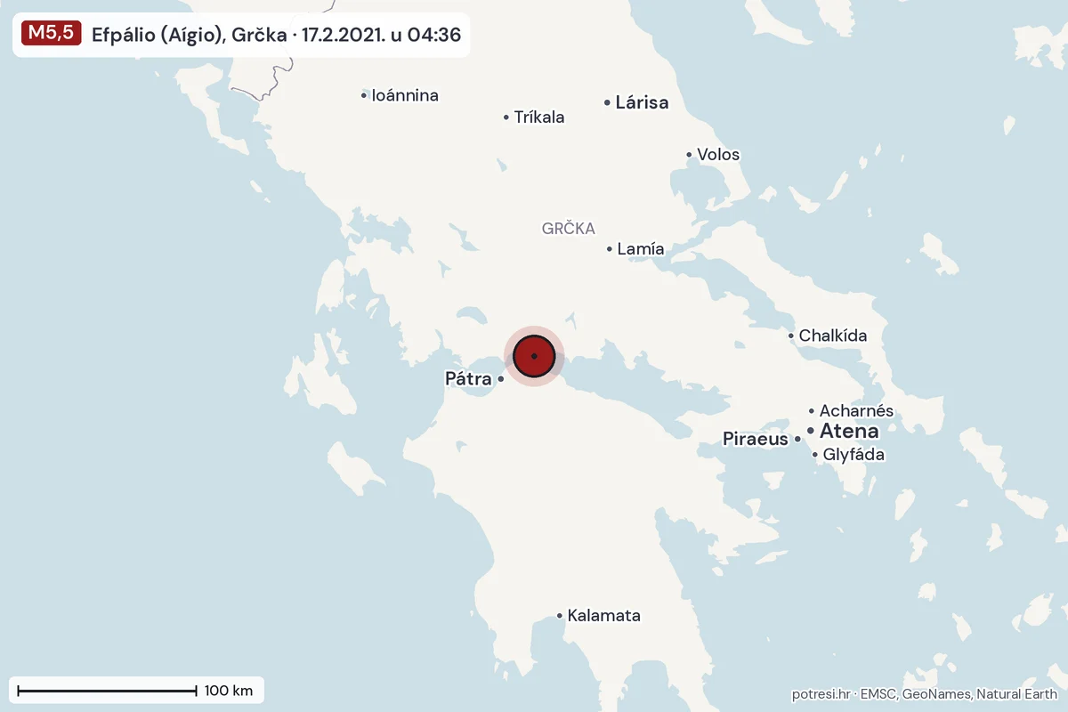 Karta: šire područje, 600 km, potres M5,5, Efpálio (Aígio), Grčka, 17.2.2021.