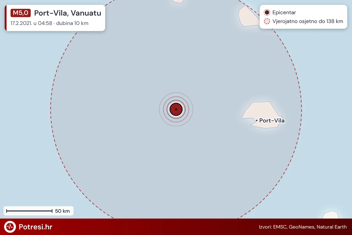 Karta: šire područje i vjerojatni doseg osjeta, potres M5,0, Port-Vila, Vanuatu, 17.2.2021.
