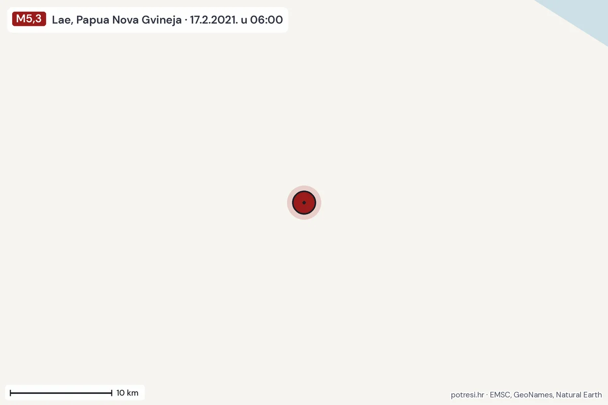 Karta: okolica epicentra, 60 km, potres M5,3, Lae, Papua Nova Gvineja, 17.2.2021.