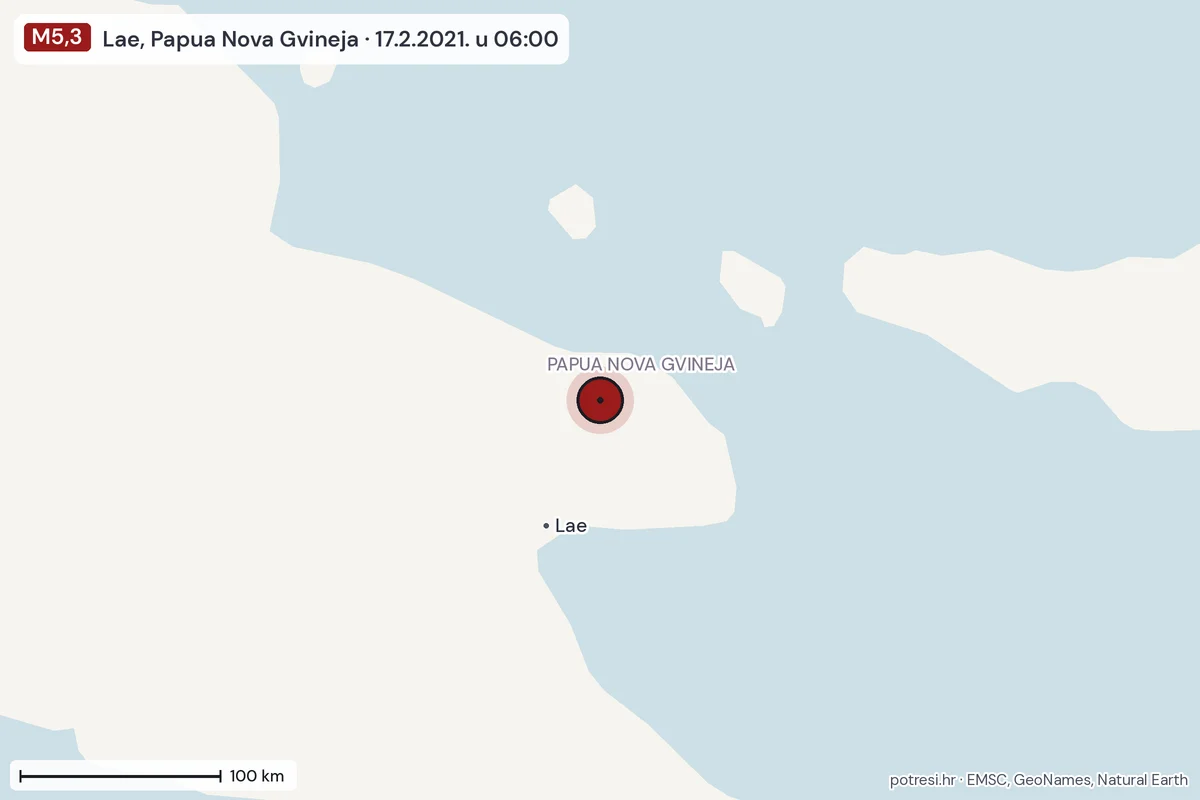 Karta: šire područje, 600 km, potres M5,3, Lae, Papua Nova Gvineja, 17.2.2021.