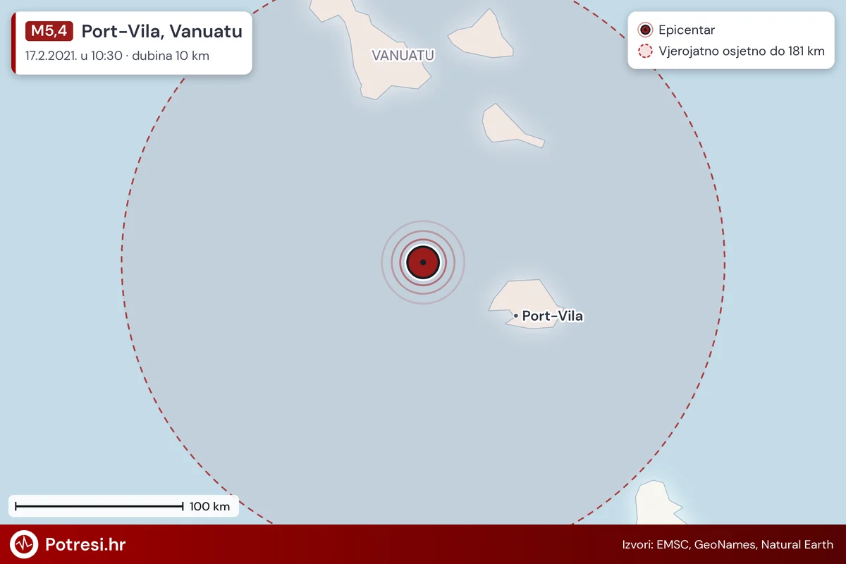 Karta: šire područje i vjerojatni doseg osjeta, potres M5,4, Port-Vila, Vanuatu, 17.2.2021.