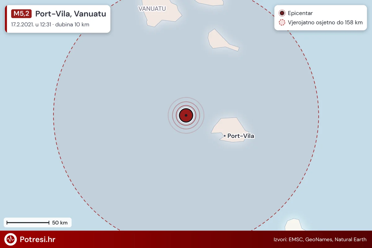 Karta: šire područje i vjerojatni doseg osjeta, potres M5,2, Port-Vila, Vanuatu, 17.2.2021.