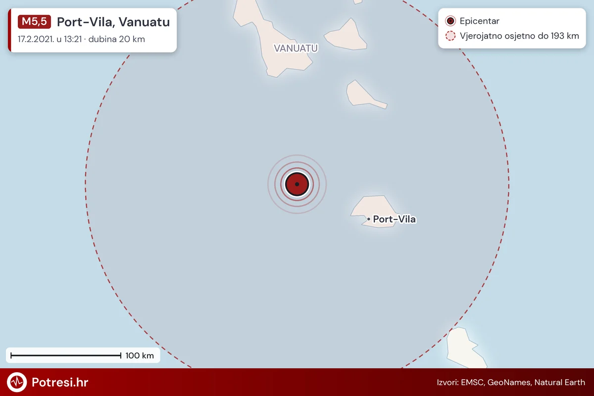 Karta: šire područje i vjerojatni doseg osjeta, potres M5,5, Port-Vila, Vanuatu, 17.2.2021.