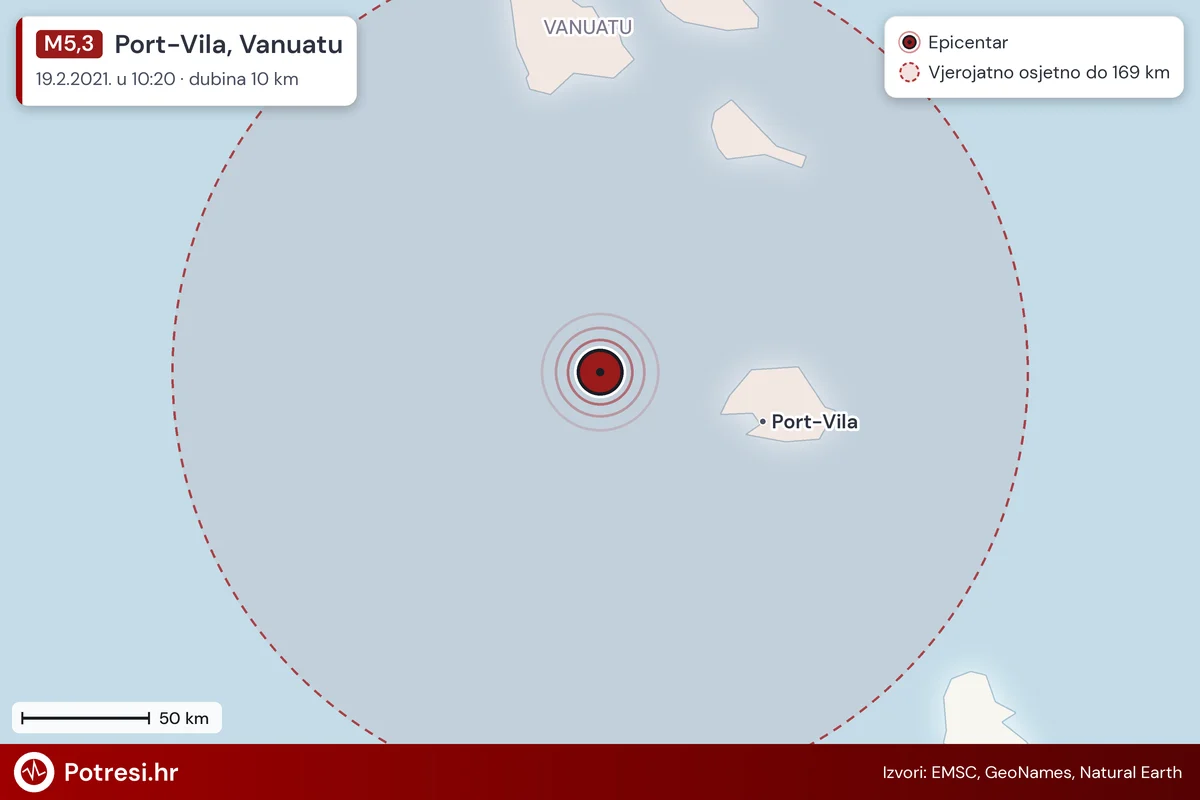 Karta: šire područje i vjerojatni doseg osjeta, potres M5,3, Port-Vila, Vanuatu, 19.2.2021.