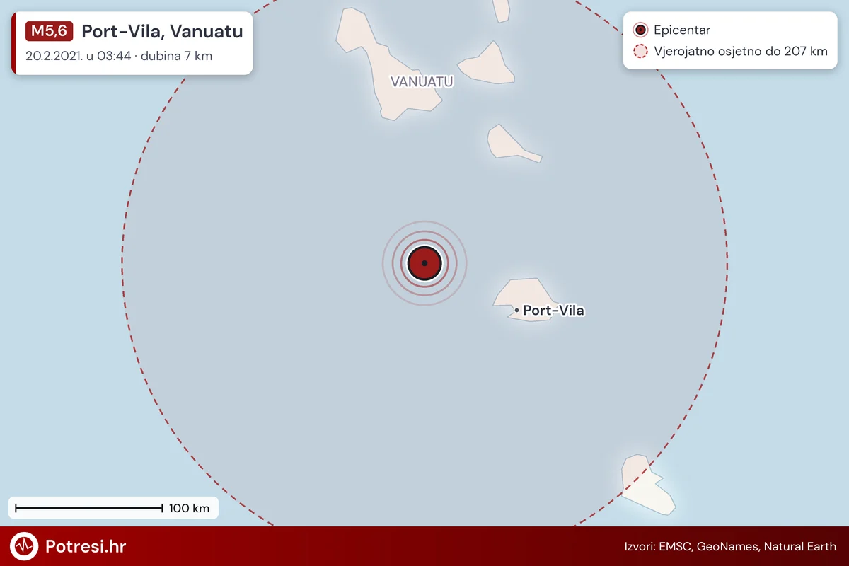 Karta: šire područje i vjerojatni doseg osjeta, potres M5,6, Port-Vila, Vanuatu, 20.2.2021.