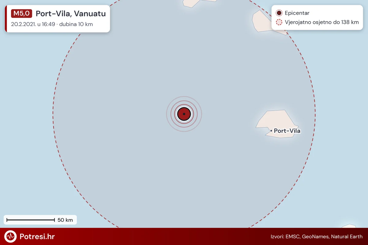 Karta: šire područje i vjerojatni doseg osjeta, potres M5,0, Port-Vila, Vanuatu, 20.2.2021.