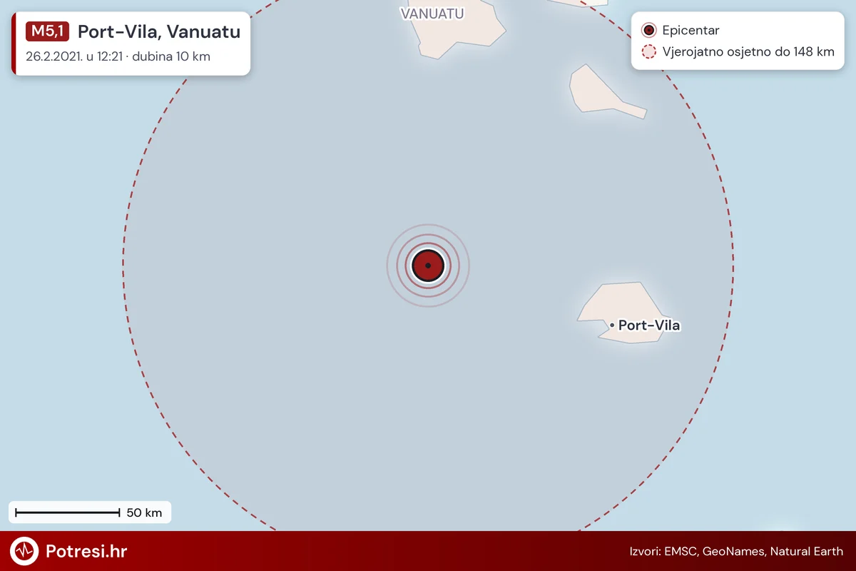 Karta: šire područje i vjerojatni doseg osjeta, potres M5,1, Port-Vila, Vanuatu, 26.2.2021.