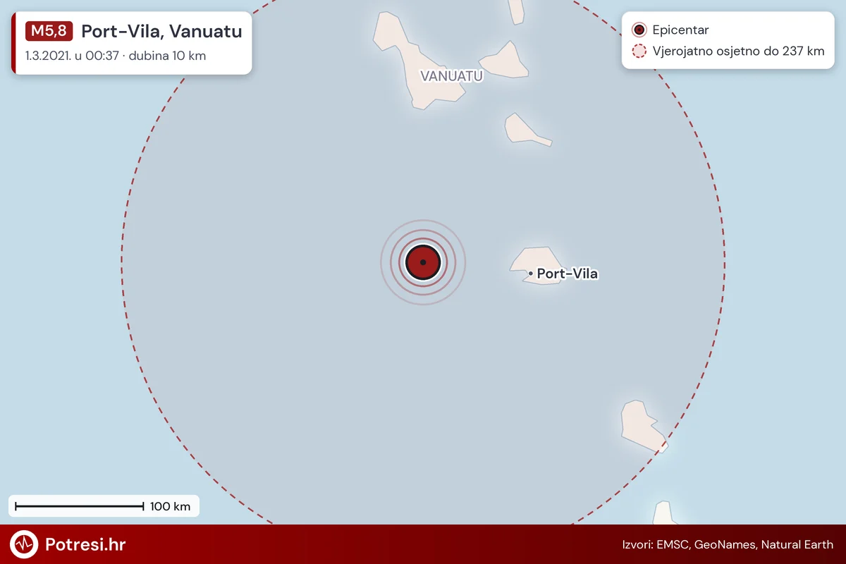 Karta: šire područje i vjerojatni doseg osjeta, potres M5,8, Port-Vila, Vanuatu, 1.3.2021.