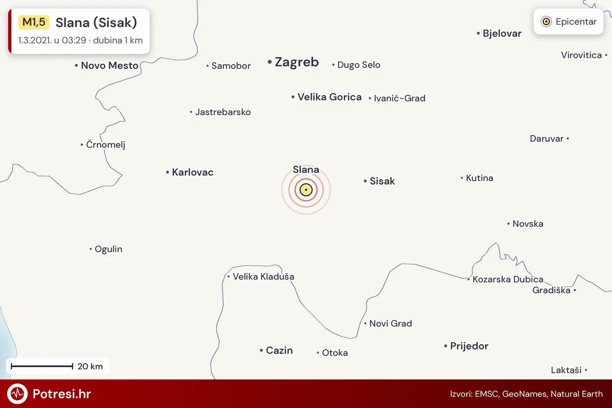 Karta: šire područje i vjerojatni doseg osjeta, potres M1,5, Slana (Sisak), 1.3.2021.