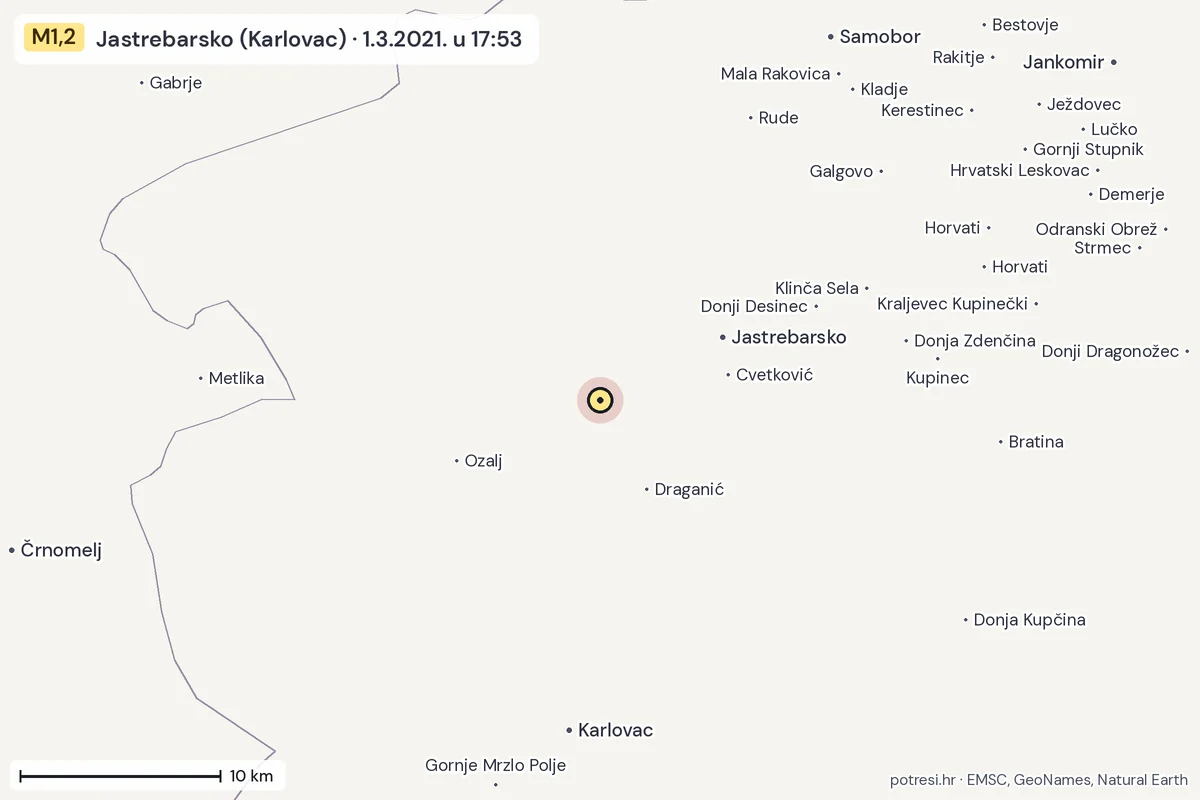 Karta: okolica epicentra, 60 km, potres M1,2, Jastrebarsko (Karlovac), 1.3.2021.