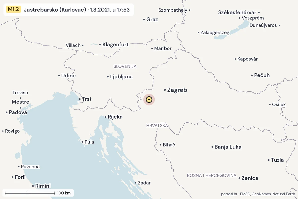 Karta: šire područje, 600 km, potres M1,2, Jastrebarsko (Karlovac), 1.3.2021.