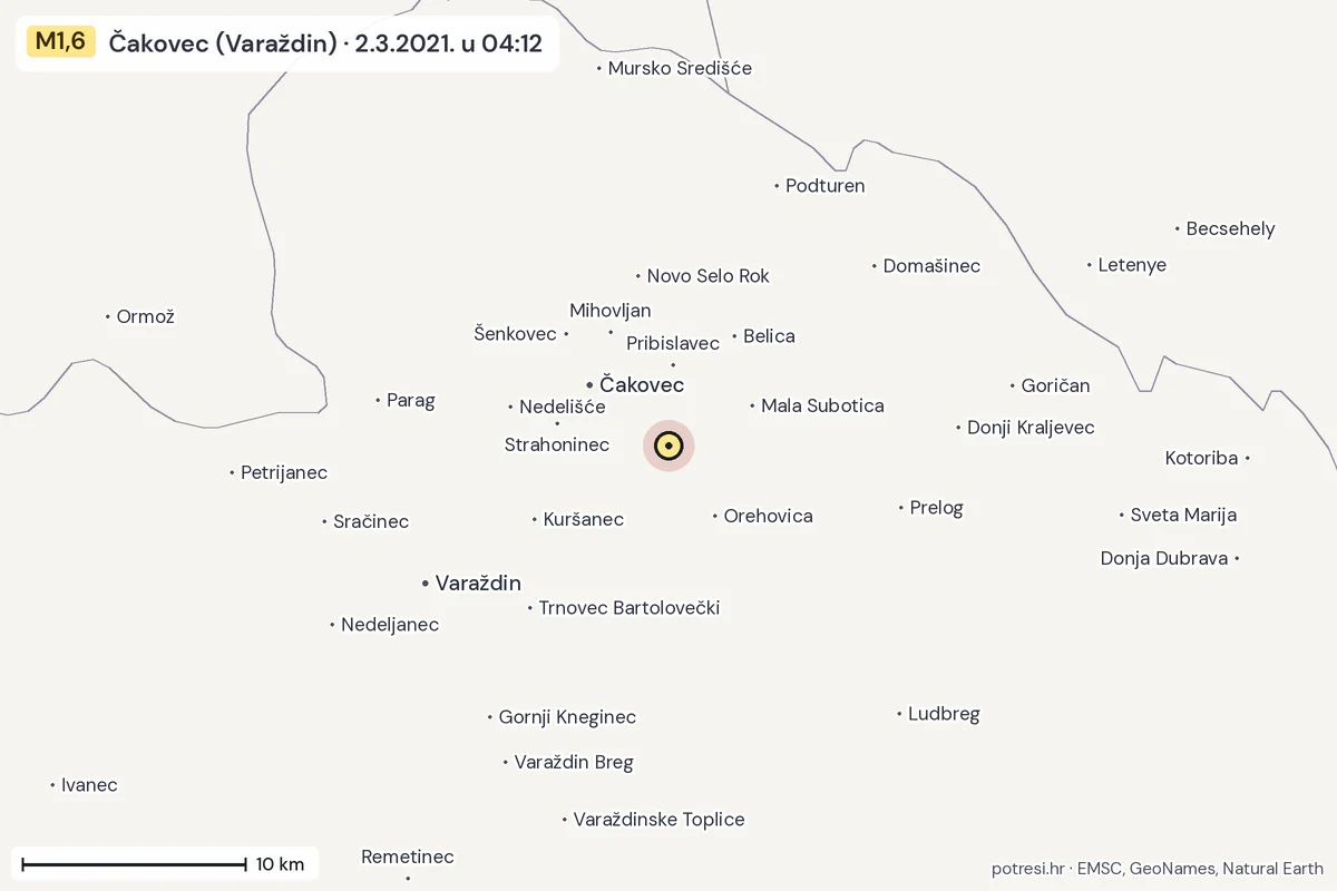 Karta: okolica epicentra, 60 km, potres M1,6, Čakovec (Varaždin), 2.3.2021.