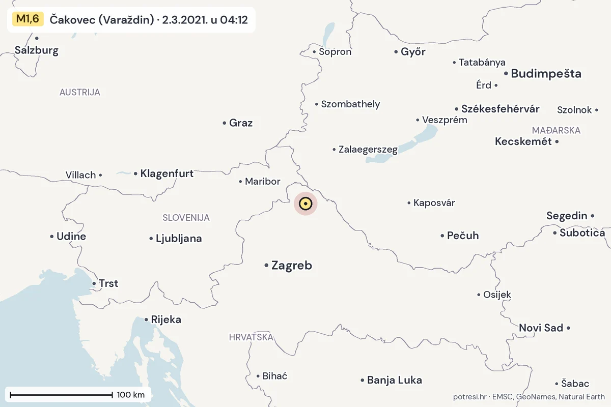 Karta: šire područje, 600 km, potres M1,6, Čakovec (Varaždin), 2.3.2021.
