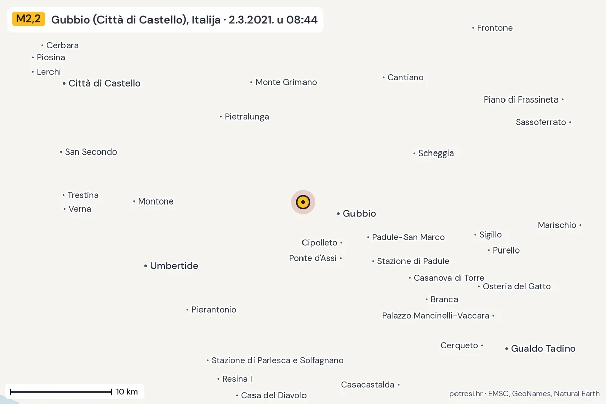 Karta: okolica epicentra, 60 km, potres M2,2, Gubbio (Città di Castello), Italija, 2.3.2021.