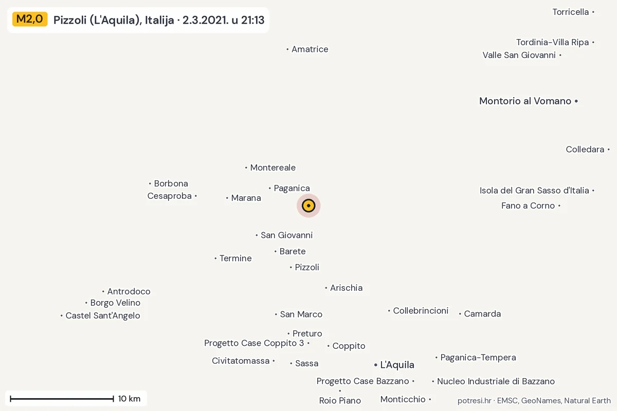 Karta: okolica epicentra, 60 km, potres M2,0, Pizzoli (L'Aquila), Italija, 2.3.2021.