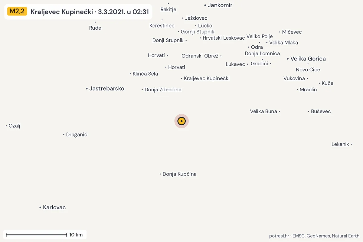 Karta: okolica epicentra, 60 km, potres M2,2, Kraljevec Kupinečki, 3.3.2021.