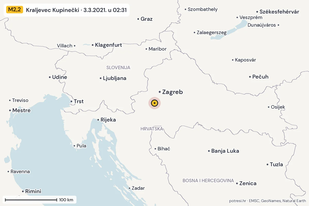 Karta: šire područje, 600 km, potres M2,2, Kraljevec Kupinečki, 3.3.2021.