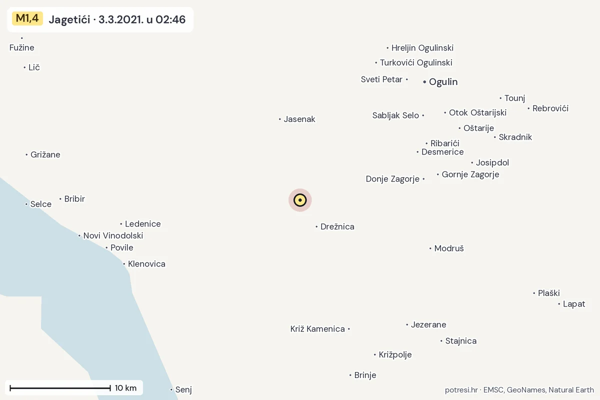 Karta: okolica epicentra, 60 km, potres M1,4, Jagetići, 3.3.2021.