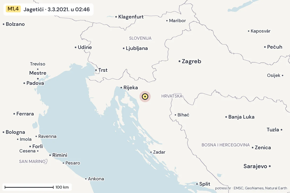 Karta: šire područje, 600 km, potres M1,4, Jagetići, 3.3.2021.