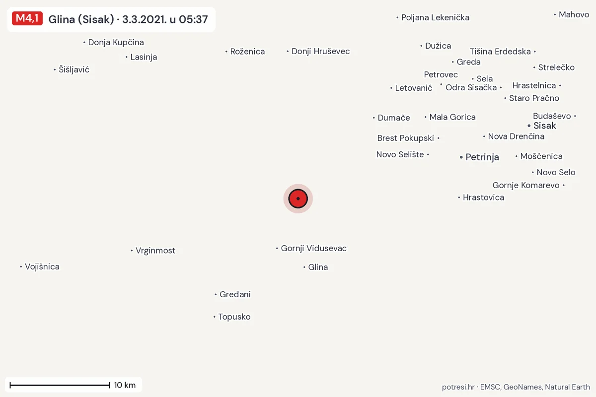 Karta: okolica epicentra, 60 km, potres M4,1, Glina (Sisak), 3.3.2021.