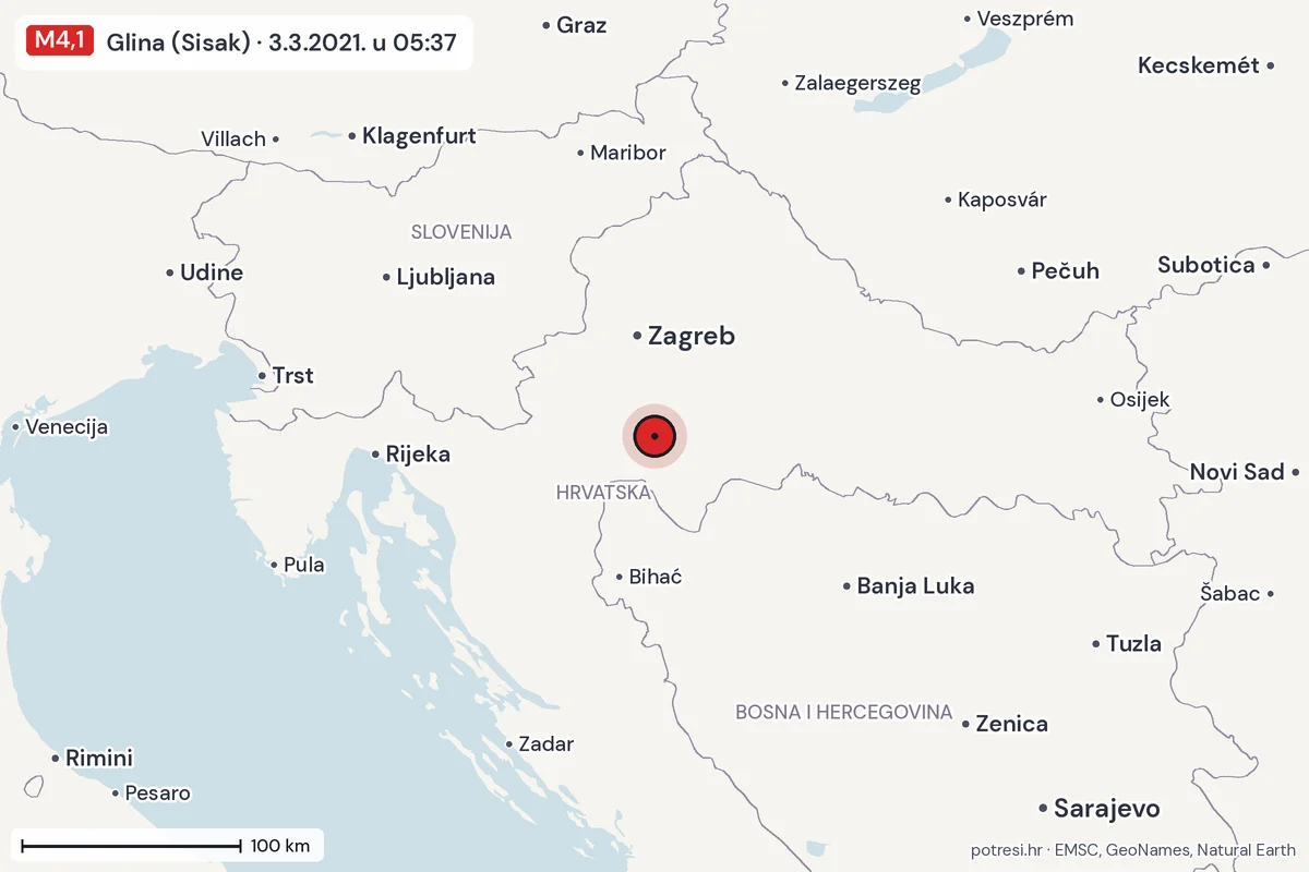 Karta: šire područje, 600 km, potres M4,1, Glina (Sisak), 3.3.2021.