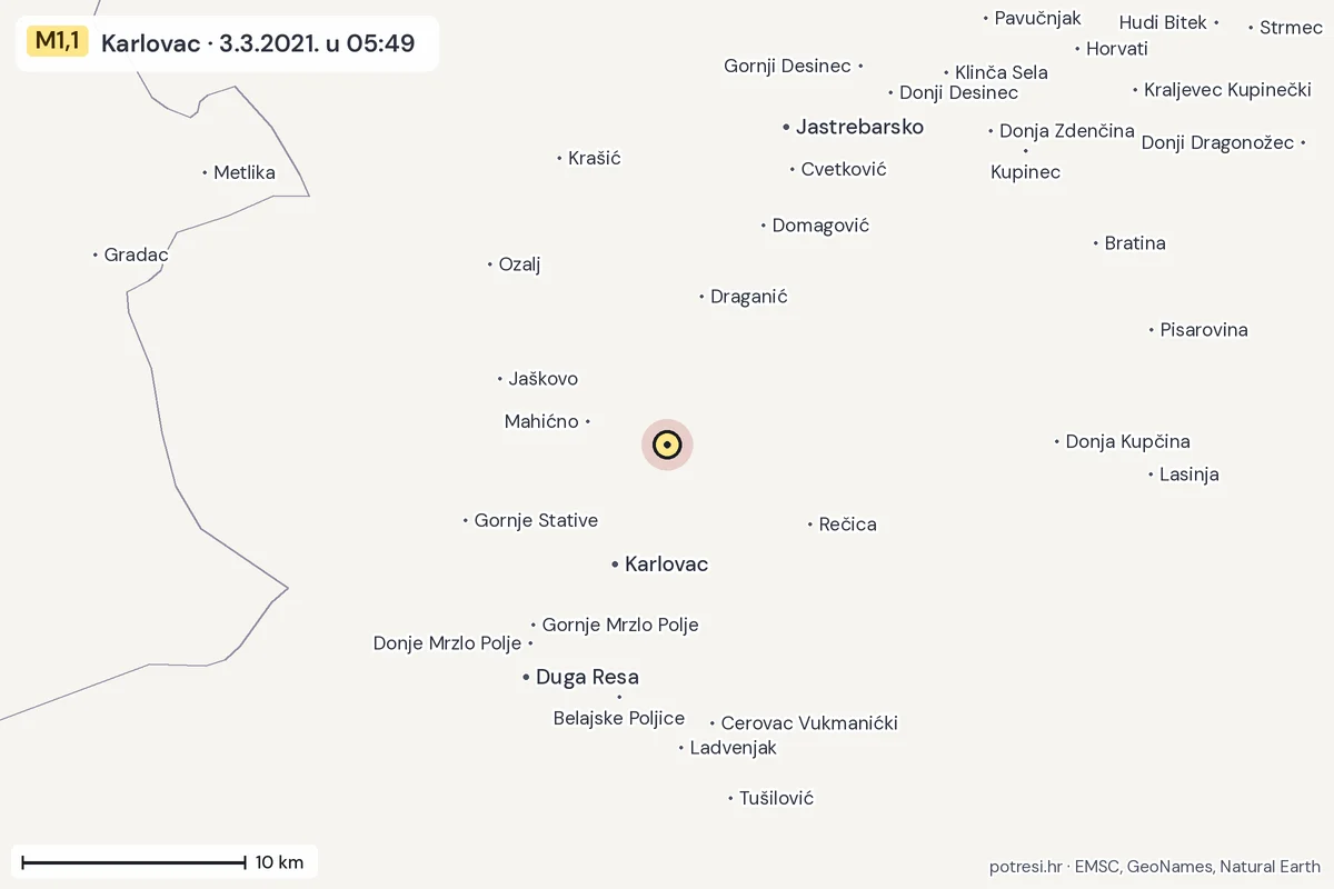 Karta: okolica epicentra, 60 km, potres M1,1, Karlovac, 3.3.2021.