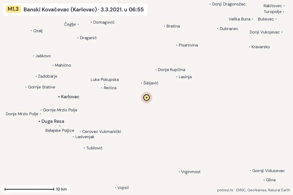 Karta: okolica epicentra, 60 km, potres M1,3, Banski Kovačevac (Karlovac), 3.3.2021.