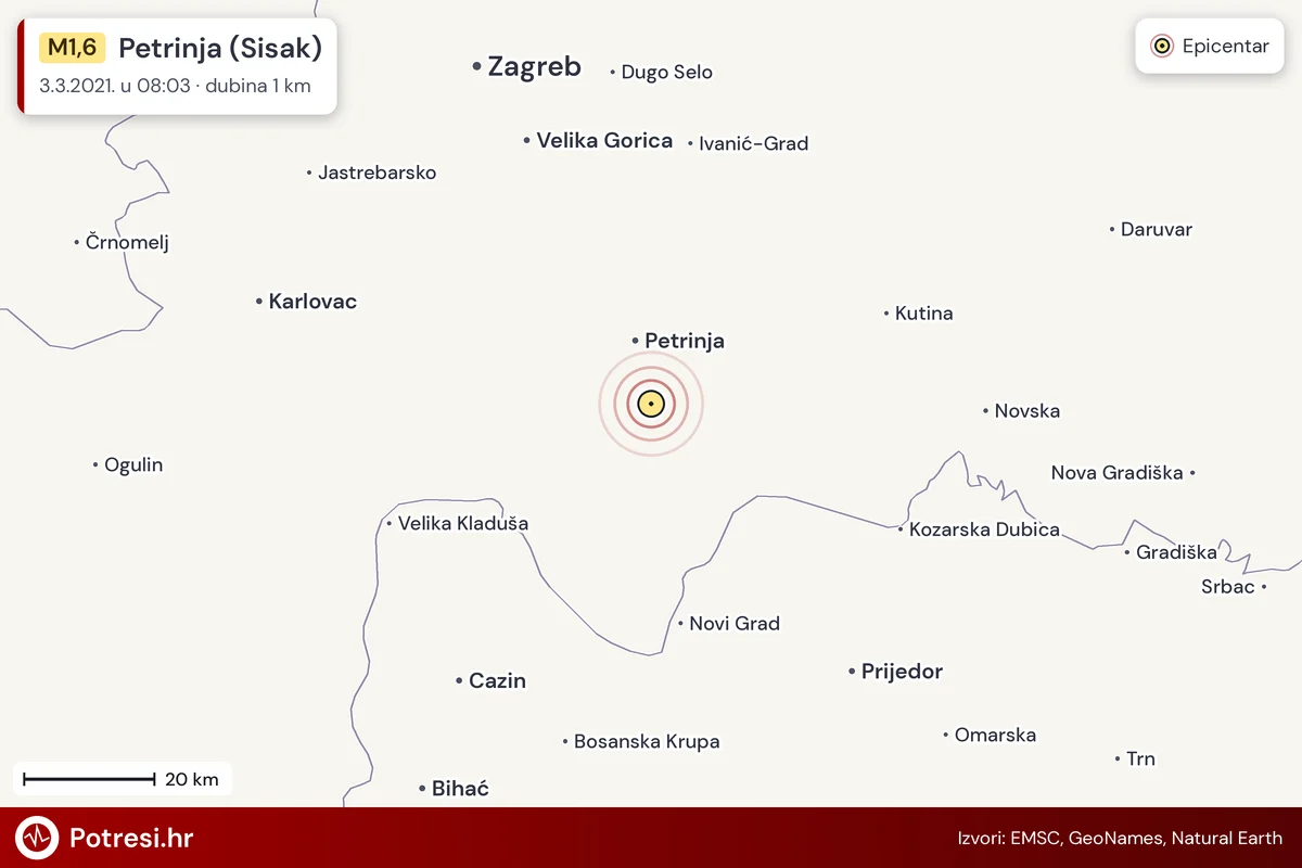 Karta: šire područje i vjerojatni doseg osjeta, potres M1,6, Petrinja (Sisak), 3.3.2021.