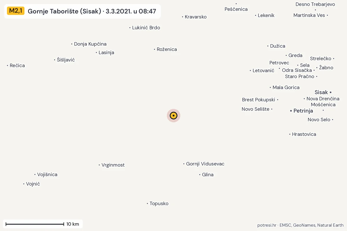 Karta: okolica epicentra, 60 km, potres M2,1, Gornje Taborište (Sisak), 3.3.2021.