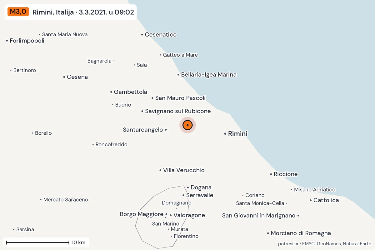 Karta: okolica epicentra, 60 km, potres M3,0, Rimini, Italija, 3.3.2021.