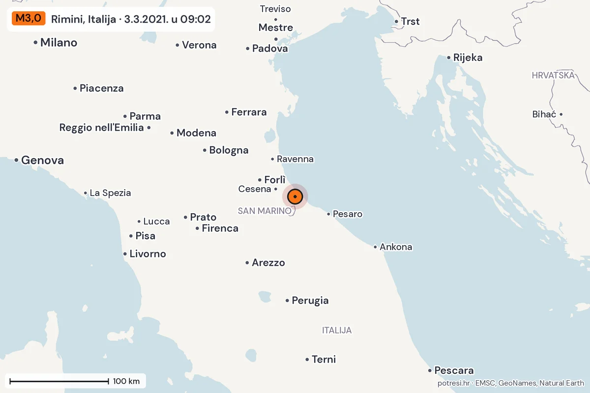 Karta: šire područje, 600 km, potres M3,0, Rimini, Italija, 3.3.2021.